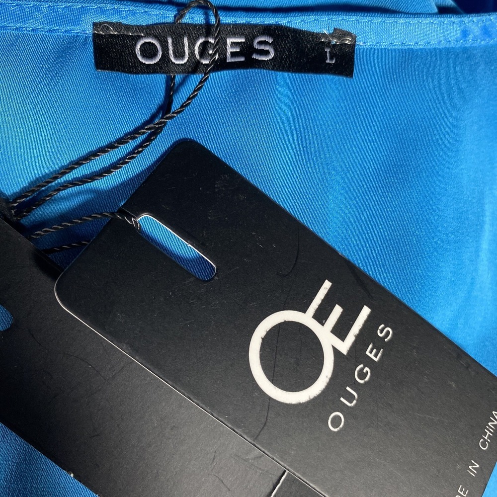 NWT OUGES Dress LARGE Turquoise Blue Smock Waist … - image 5